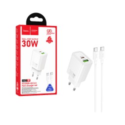 Adaptador Hoco N63 2 Portas USB+Tipo-C PD30W com Tipo-C para Tipo-C  Cabo 1m Branco